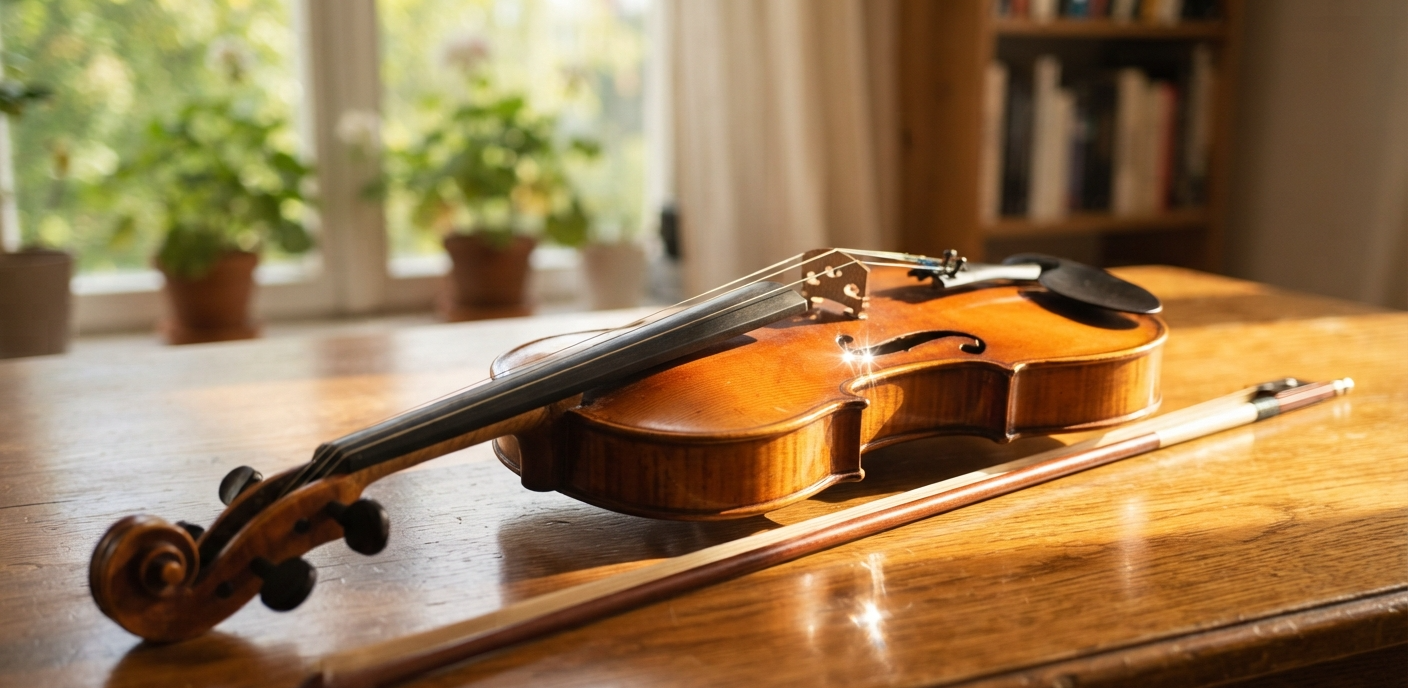 Violin resting on a table